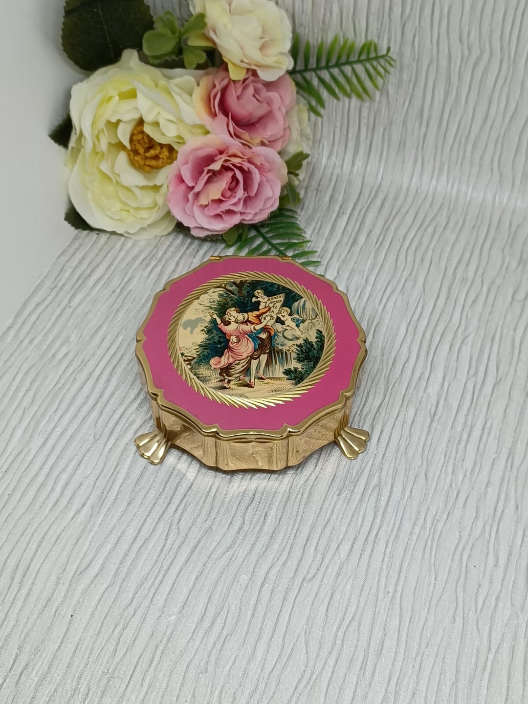 Stratton Trinket Jewellery Box in Gold Tone Metal ~ Pink Enamel Lid ...