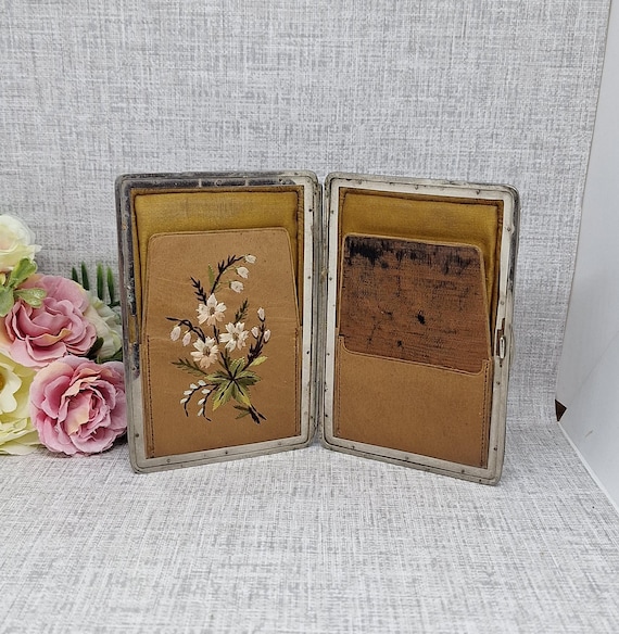 Antique Leather Visiting Cards Case ~ Black Leather with Embroidered Flowers Inside ~ Ladies Victorian Wallet