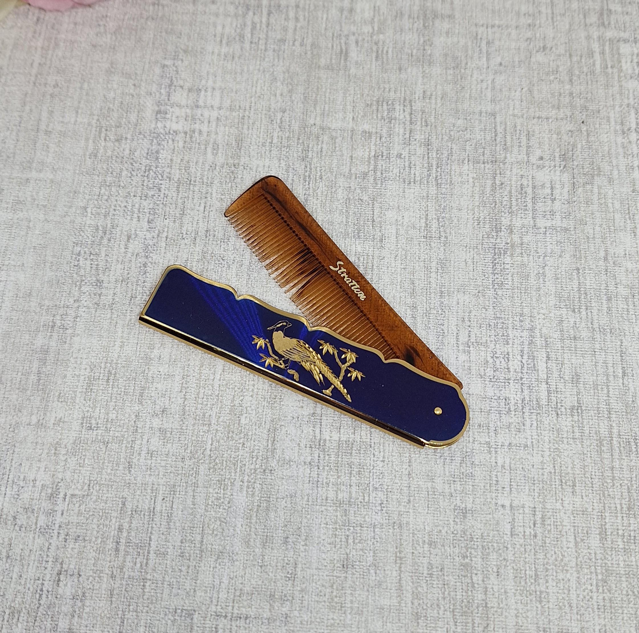 Stratton Comb Stratton Folding Comb ~ Blue Enamel Case With a Gold Tone Peacock Bird ...