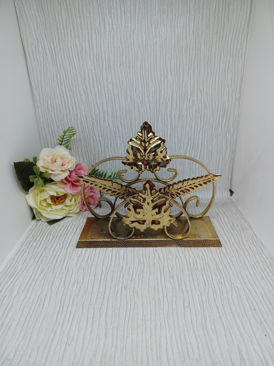 Letter Rack Gold Letter Rack With Leaves Decoration Gold Tone Brass Effect Metal Vintage ...