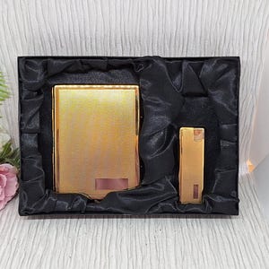 Hadson Lighter & Cigarette Case Gift Set in Gold Tone Engine Turned Metal with a Blank Cartouche