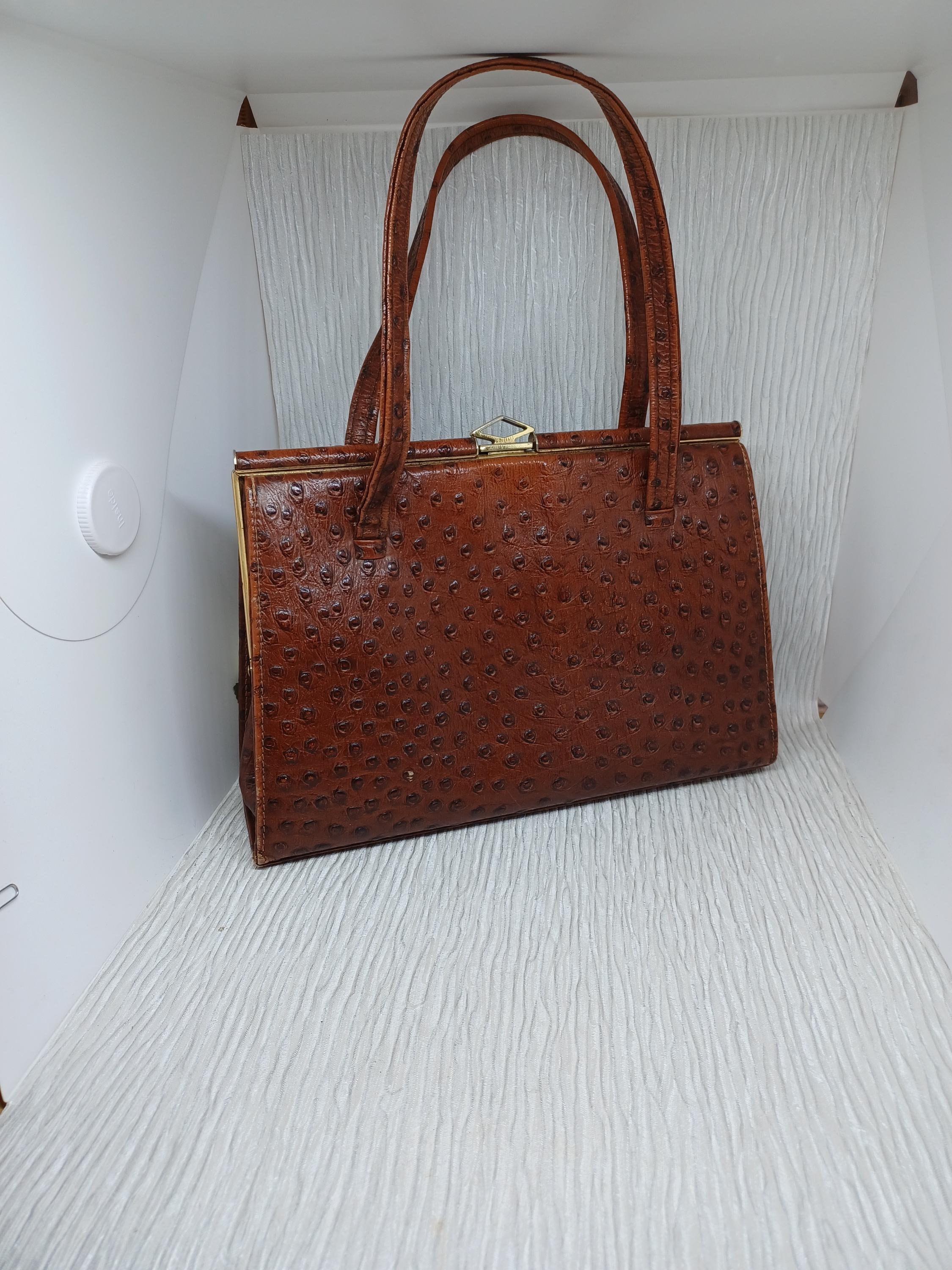 Vintage Elbief Tan Ostrich Print Leather Handbag ~ Brown Mid  