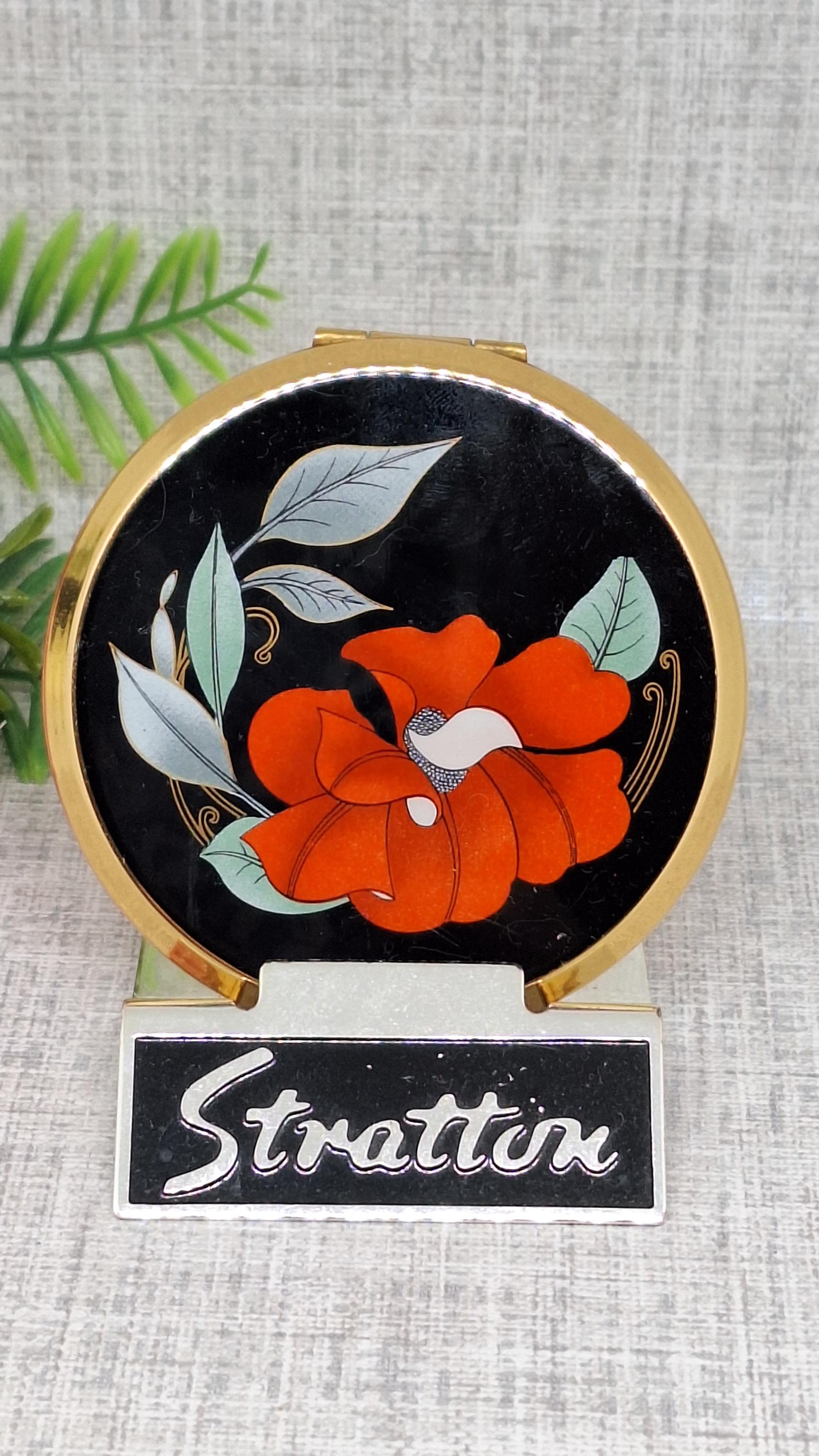 Stratton Powder Compact in Black Enamel With a Red Flower ~ 'mini