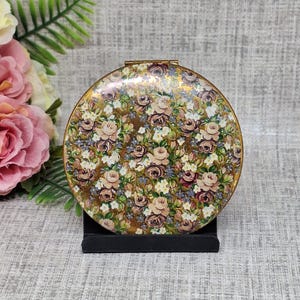 Poudre compacte Kigu ~ Miroir compact vintage avec roses et fleurs roses et blanches