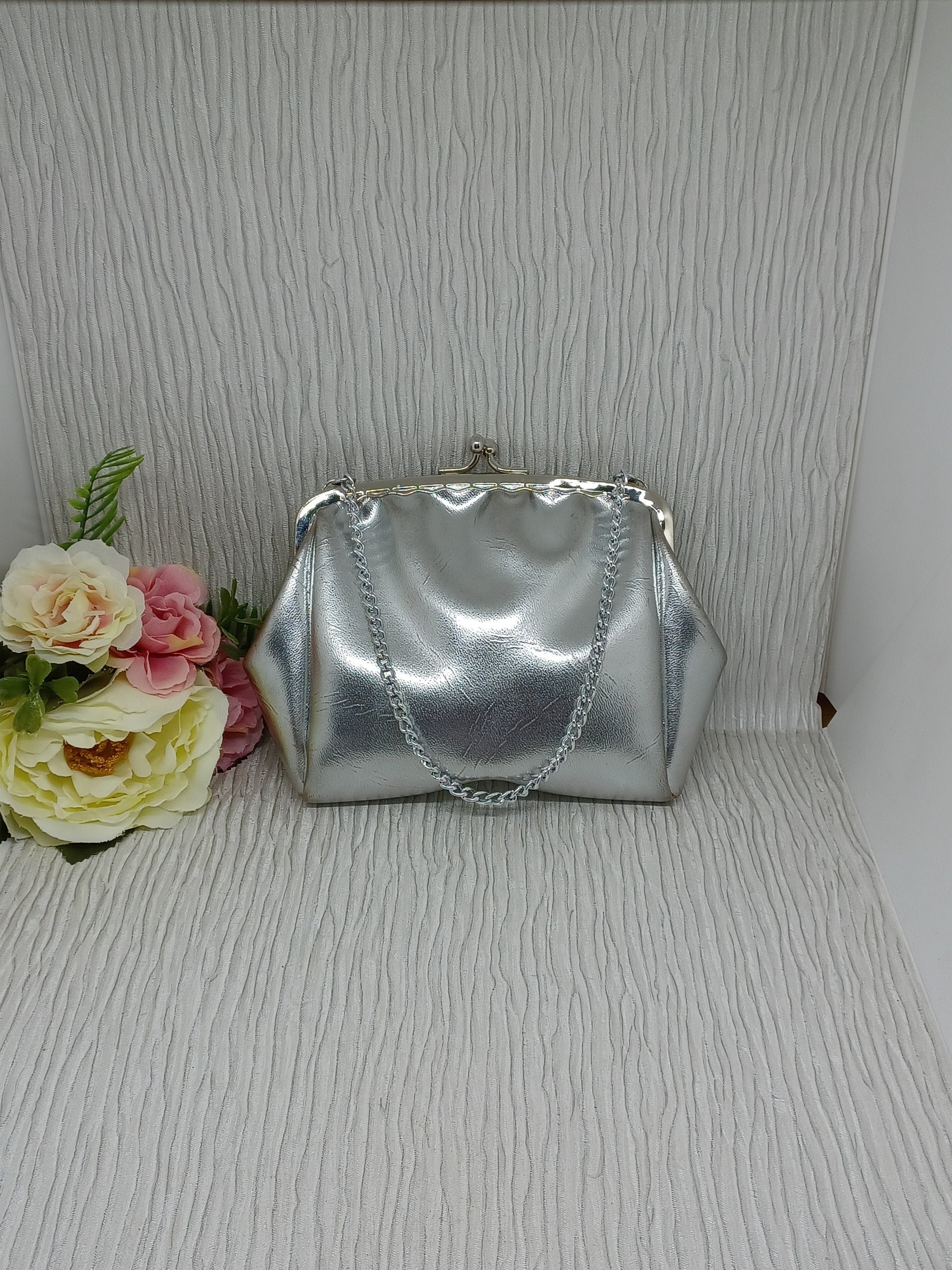 Silver Leatherette Purse with Chain Handle ~ Vintage Evening Bag