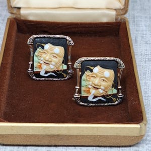 Stratton Arita Porcelain Cufflinks with The Japanese Noh Mask of Okina ~ Vintage Hizen Ware Mens Jewellery