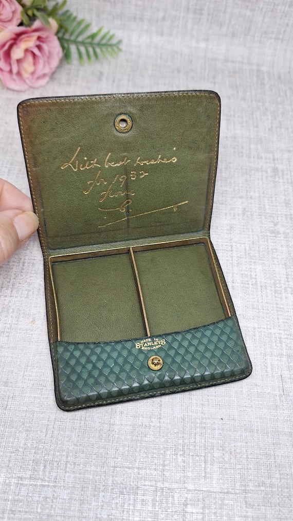 Antique Leather Visiting Card Case by Stanleys ~ Green Leather with Inscription Dated 1932 ~ Calling Card Holder