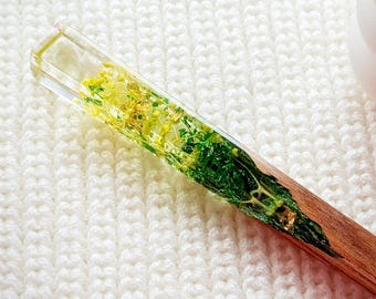 Yellow Gypsophila Resin Hair Stick – Wooden Hair Fork, Botanical Floral Bun Accessory