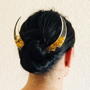 Crescent moon hair stick with black oak wood, resin and gold foil, Celestial hair fork, Magical moon hair barrette, Astronomical bun holder image 1