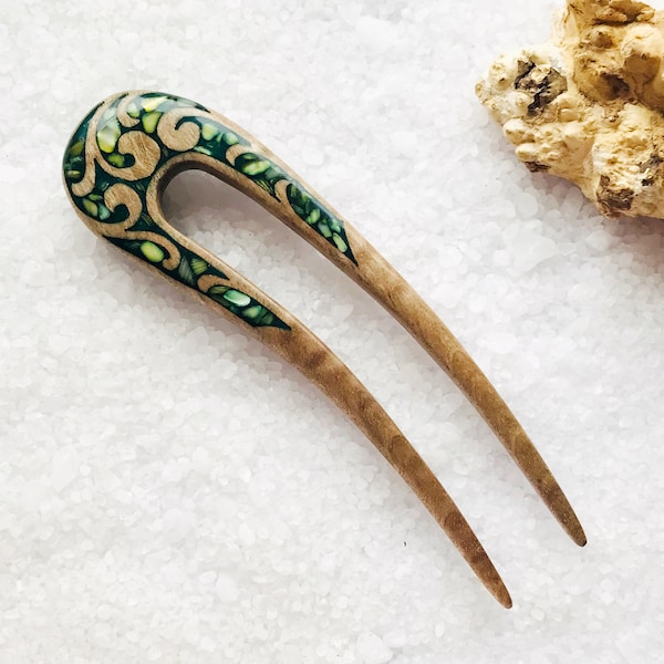 Hair clip | Wooden hair fork with green stones | Hair pin 2 prong | Celtic Bun holder | Double sided hair fork | Hair Accessories for women