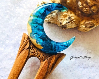 Hair fork with blue moon, Celestial acrylic hair stick, Magical moon wooden hair fork, Hair barrette, Womens Astronomical hair accessories