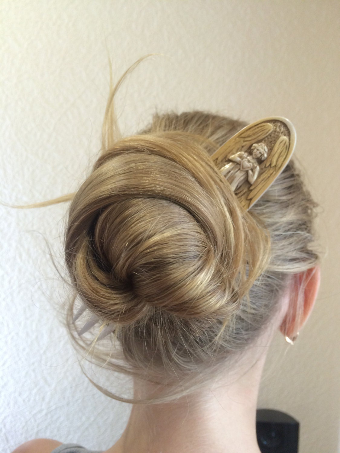 Carved Wood Hair Fork: Gold Angel Bun Holder - Etsy Finland, image size:1125x1500