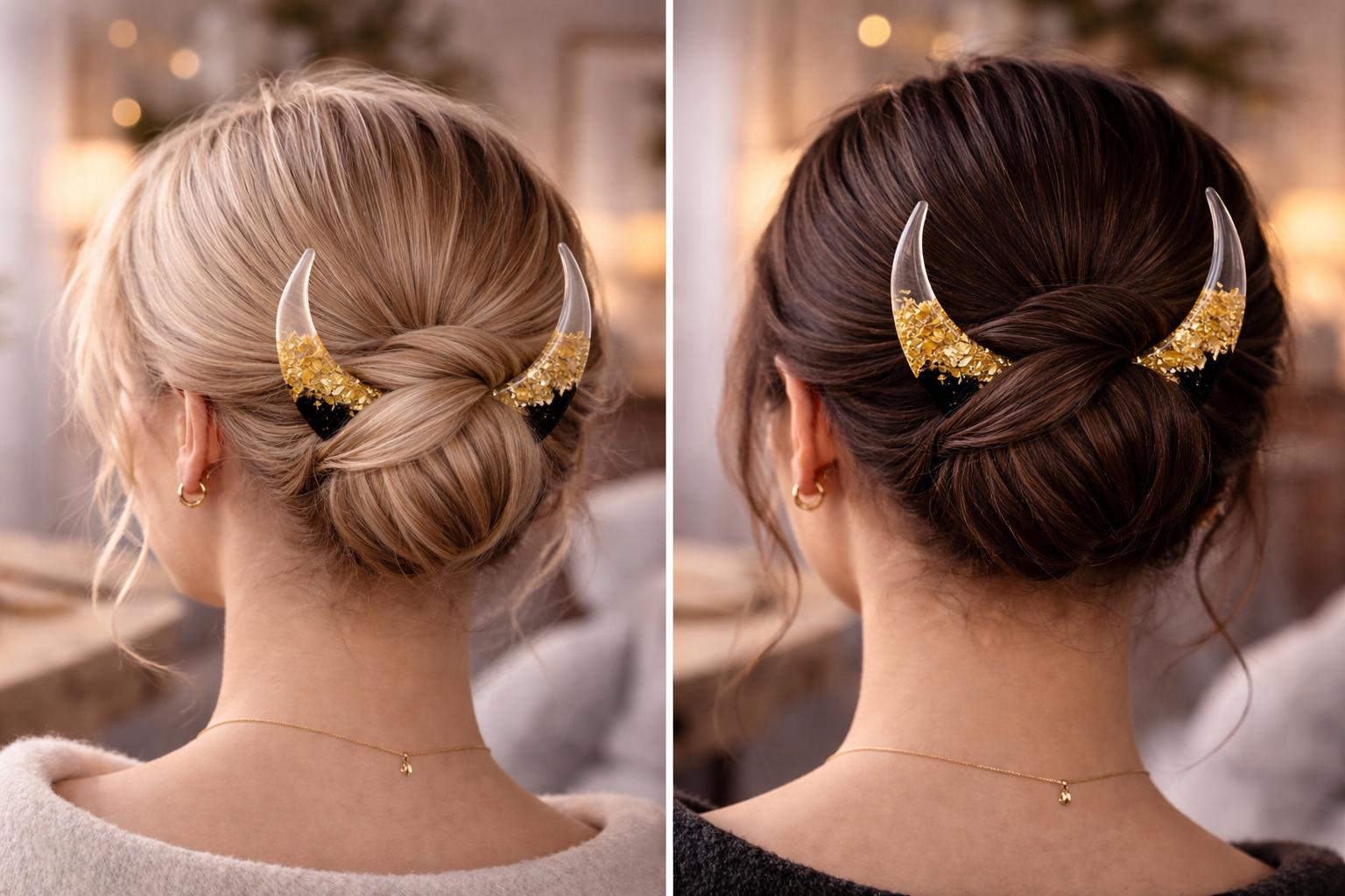Crescent Moon Hair Stick - Gold Foil and Resin, Wooden Hair Fork