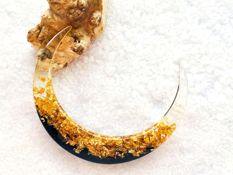 Crescent moon hair stick with black oak wood, resin and gold foil, Celestial hair fork, Magical moon hair barrette, Astronomical bun holder image 4