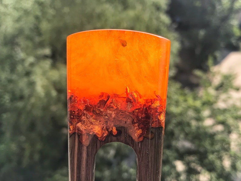 Wooden hair fork for women Hair Jewelry 2 prongs Hair stick orange resin topper and foil Hair fork with oak Bun holder Gift for women