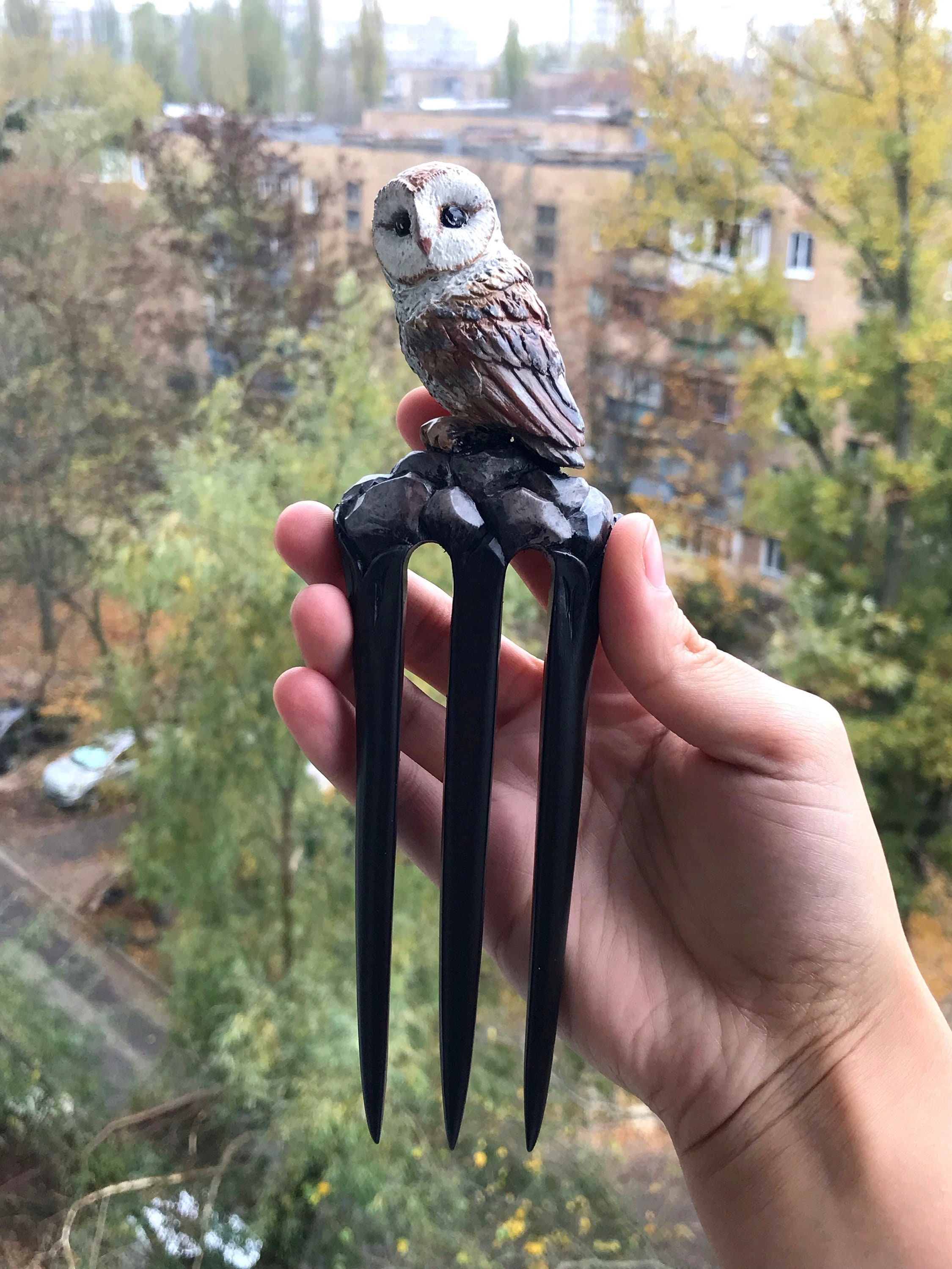 Hand Carved Wood Owl Hair Fork Artisan Made in Germany Hand Carved Wooden Barn Owl – the Otherist main image 4