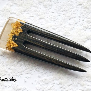 Wooden hair fork with resin topper and gold foil, Bun holder, Wood hair fork for women, Hair stick for long hair, Gift for women