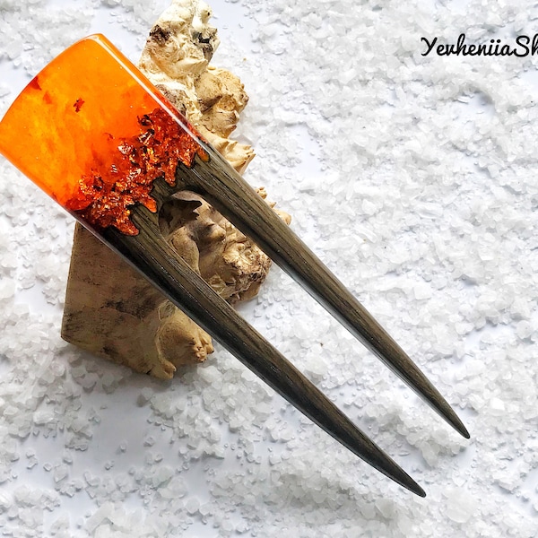 Hair fork with oak, orange resin topper and foil, Bun holder, 2 prongs, Wooden hair fork for women, Hair stick, Gift for women, Hair Jewelry