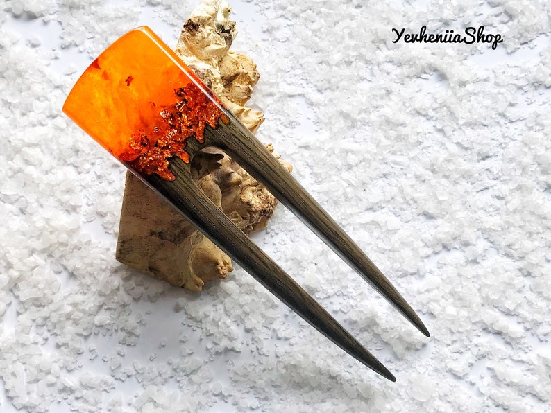 Wooden hair fork for women Hair Jewelry 2 prongs Hair stick orange resin topper and foil Hair fork with oak Bun holder Gift for women