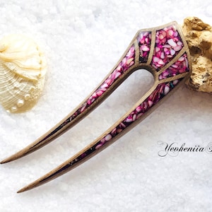 Wooden hair fork with purple resin and pink stones | Hair Barrette | Bun holder for long hair | Hair Accessories for women | Hair Sticks