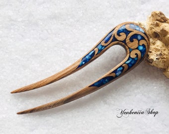 Wooden hair fork with dark blue stones | Hair clip 2 prong | Blue Hair Barrette | Bun holder | Hair Accessories for women | Hair Sticks