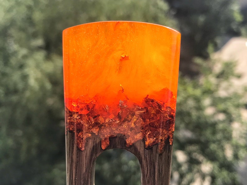 Wooden hair fork for women Hair Jewelry 2 prongs Hair stick orange resin topper and foil Hair fork with oak Bun holder Gift for women