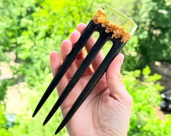 Wooden Hair Fork - Black Oak, Resin & Gold Foil, Hair Stick, Bun Holder