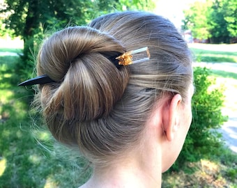 Hair stick with gold leaf, Wooden hair stick with resin and gold leaf, Hair accessories for women, Bun holder, Womens gift