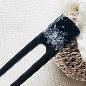 ヘアクリップ | 黒樹脂と銀箔を使用した木製のヘアフォーク | ヘアバレッタ | 女性用ヘアアクセサリー | ロングヘア用ヘアスティック