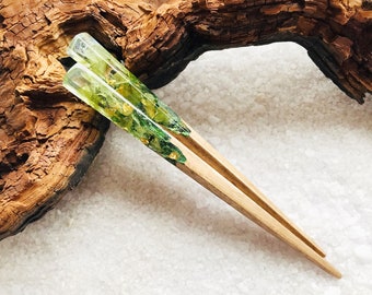 Wooden hair stick with flowers ~ Green Flower Wood Hair Stick ~ Forest Hair Pin ~ Hair Accessories for women ~ Anniversary Gift for her