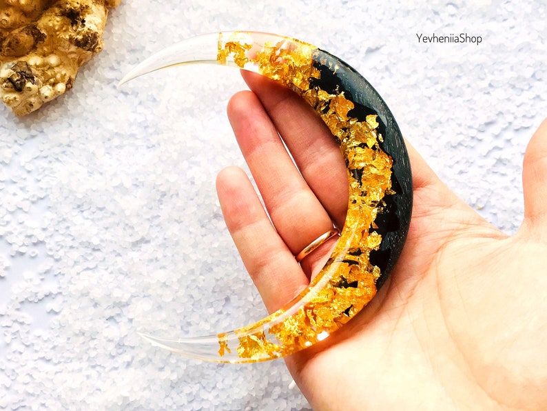 Crescent moon hair stick with black oak wood, resin and gold foil, Celestial hair fork, Magical moon hair barrette, Astronomical bun holder image 5