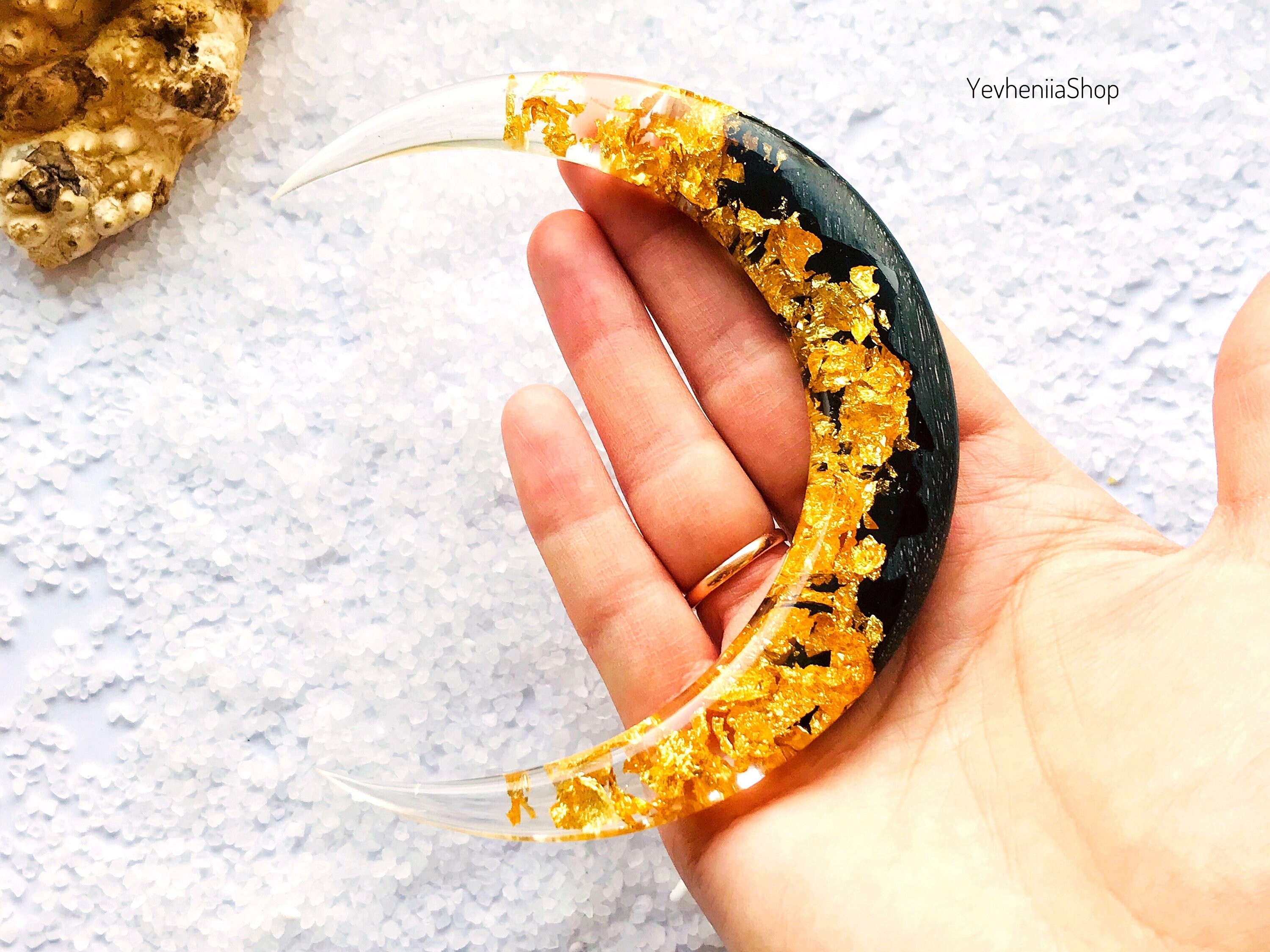 Crescent Moon Hair Stick With Black Oak Wood, Resin and Gold