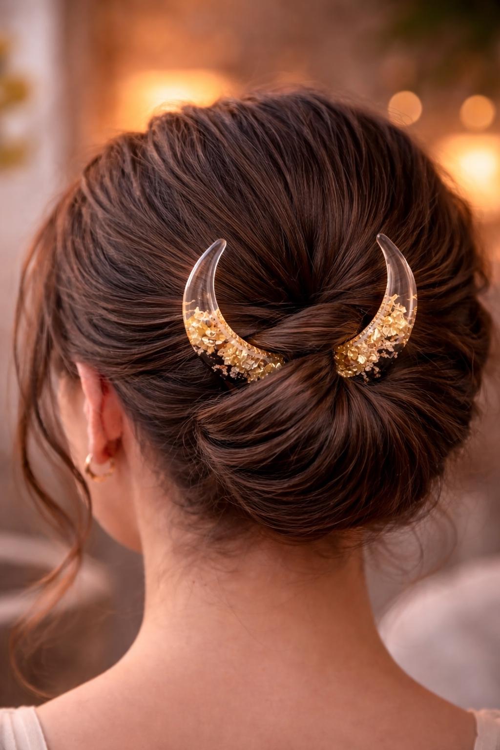 Crescent Moon Hair Stick - Gold Foil and Resin, Wooden Hair Fork
