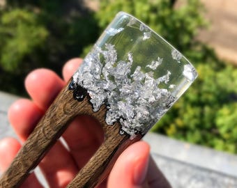 Wooden Hair Fork: Resin & Silver Foil, French Hair Stick, Bun Holder, Birthday Gift