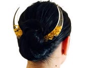 Crescent Moon Hair Stick With Black Oak Wood, Resin and Gold