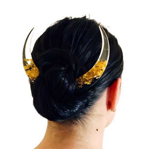 Crescent Moon Hair Stick - Gold Foil and Resin, Wooden Hair Fork, Celestial Bun Holder