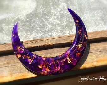 Crescent Moon Hair Stick - Purple Resin and Gold Foil, Celestial Hair Accessories, Bun Holder