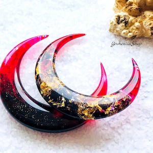 Hair stick with black and red resin, Hair pin with gold foil, Crescent moon hair fork, Hair Accessories for women
