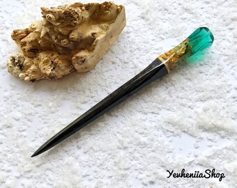 Resin hair stick with black oak wood, green resin and gold foil, Anniversary gift for women