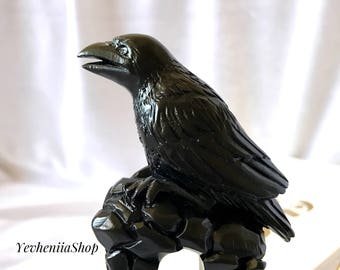 Wooden hair fork black raven, Hair stick crow, Gothic hair stick, Wooden hair barrette with black bird, Carved hair accessories, Bun holder