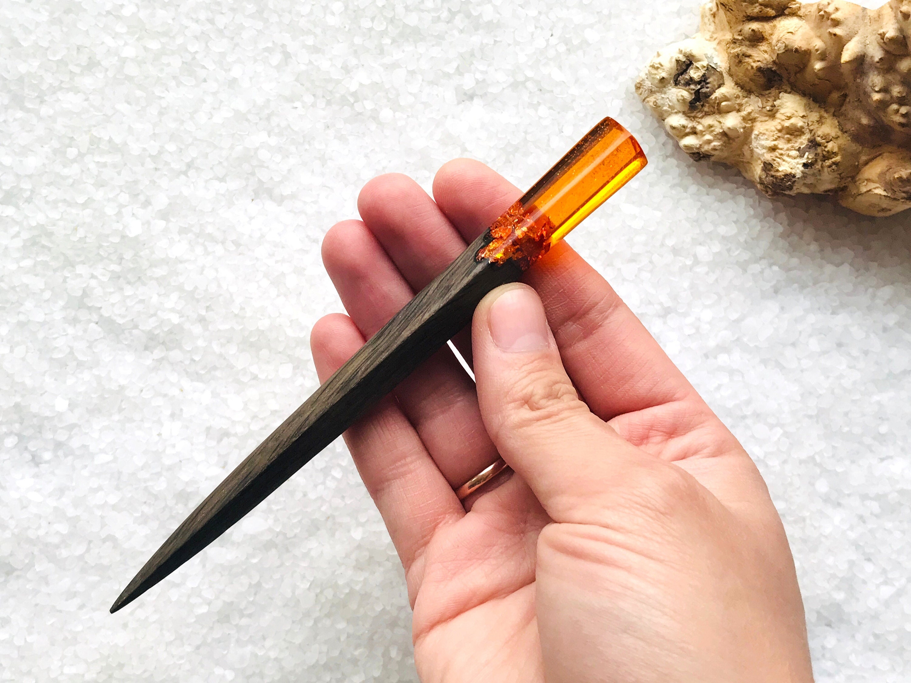 Hair chopsticks wood, Chinese style orange hair stick, wooden hair accessories, clear resin hair sticks, Bun holder, Hair slide, Womens gift