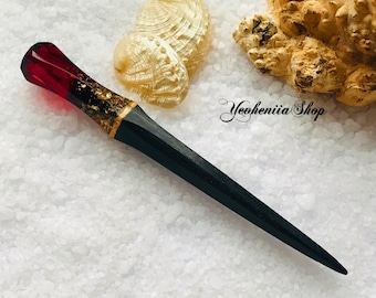 Wooden hair stick with dark red resin, gold foil and black oak wood, Gothic hair stick, Hair accessories, Bun holder, Hair chopsticks