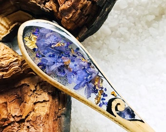 Resin Wood Hair Stick: Purple Flowers & Gold Foil Hair Pin