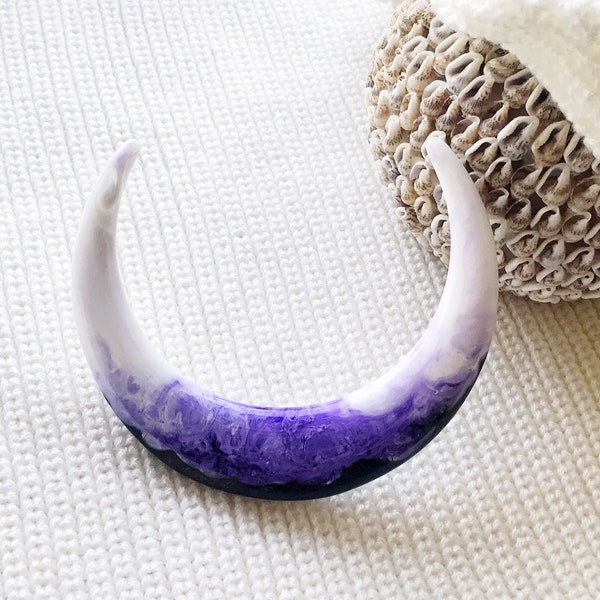 Crescent hair stick with white and purple resin, Black oak Celestial hair stick, Hair fork Moon, Hair barrette, Astronomical bun holder