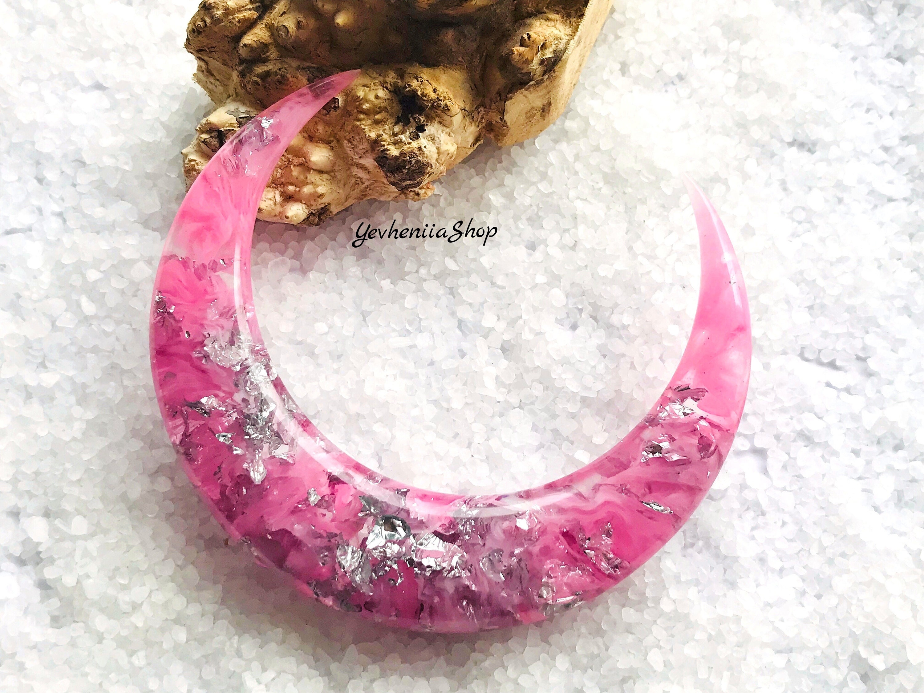 Pink Crescent Moon Hair Fork – Silver Foil Resin Hair Stick