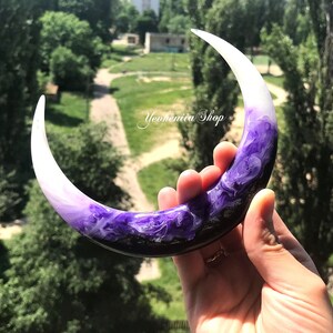 Crescent hair stick with white and purple resin, Black oak Celestial hair stick, Hair fork Moon, Hair barrette, Astronomical bun holder