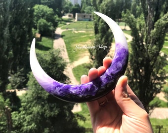 Crescent hair stick with white and purple resin, Black oak Celestial hair stick, Hair fork Moon, Hair barrette, Astronomical bun holder