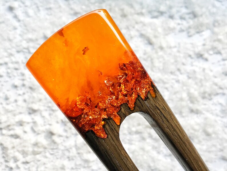 Wooden hair fork for women Hair Jewelry 2 prongs Hair stick orange resin topper and foil Hair fork with oak Bun holder Gift for women