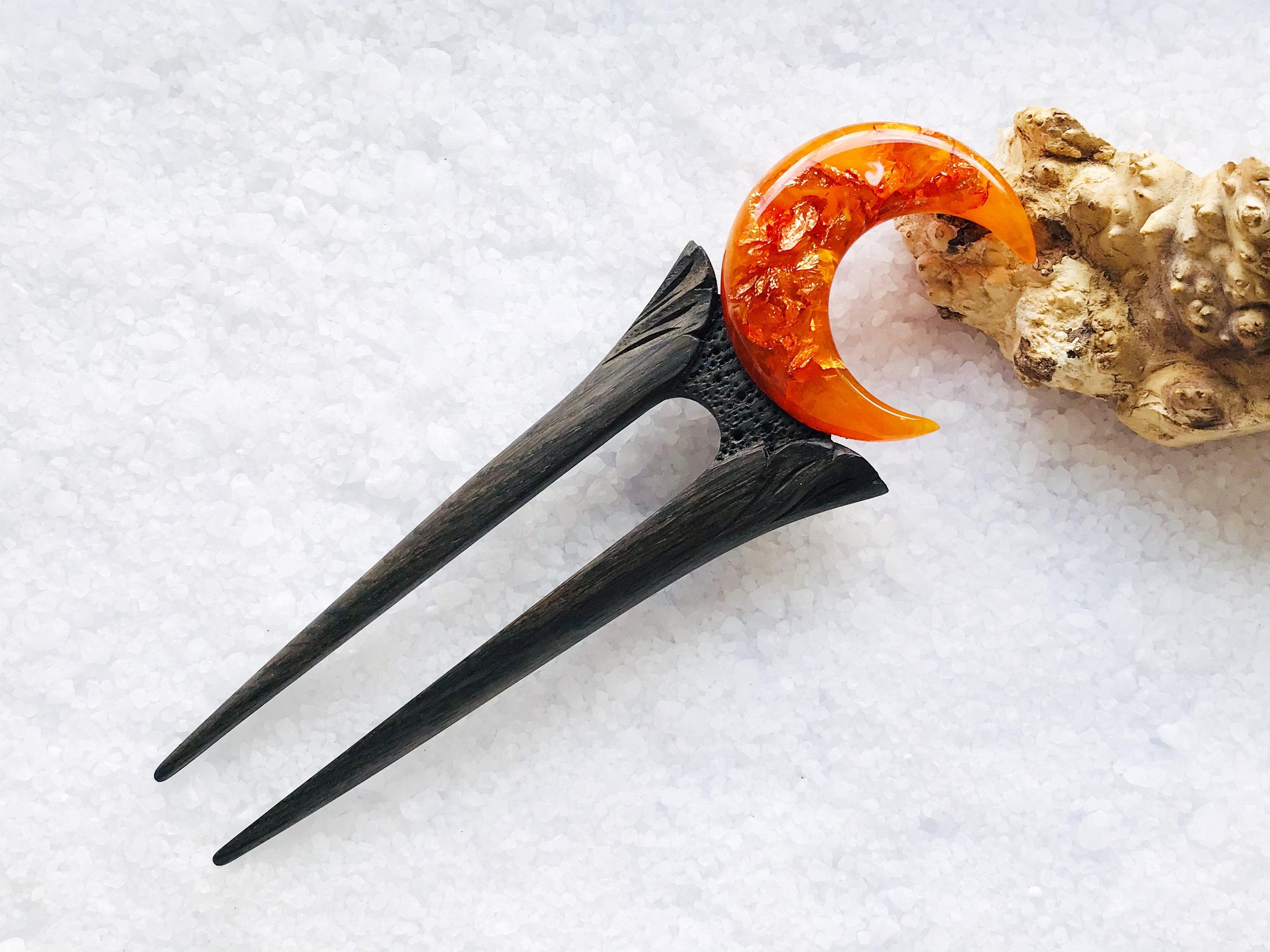 Wooden Crescent Moon Hair Fork With Oak Wood Orange Resin and Etsy