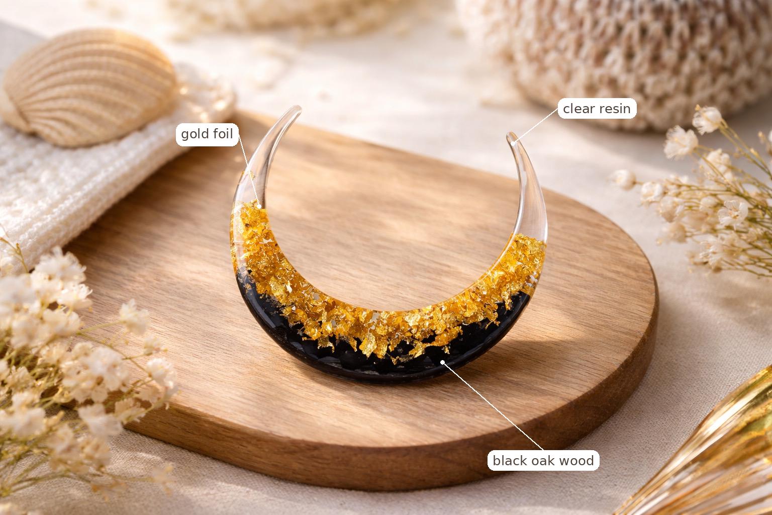 Crescent Moon Hair Stick - Gold Foil and Resin, Wooden Hair Fork